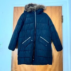 ZARA Girl’s Black Puffer Coat with Faux Fur Hood, Size 13/14